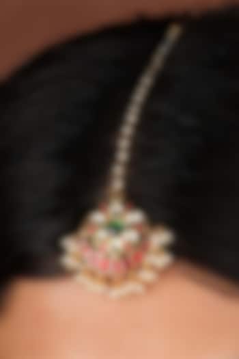 Gold Plated Uncut Polki & Beaded Jadau Maangtikka by Mortantra at Pernia's Pop Up Shop