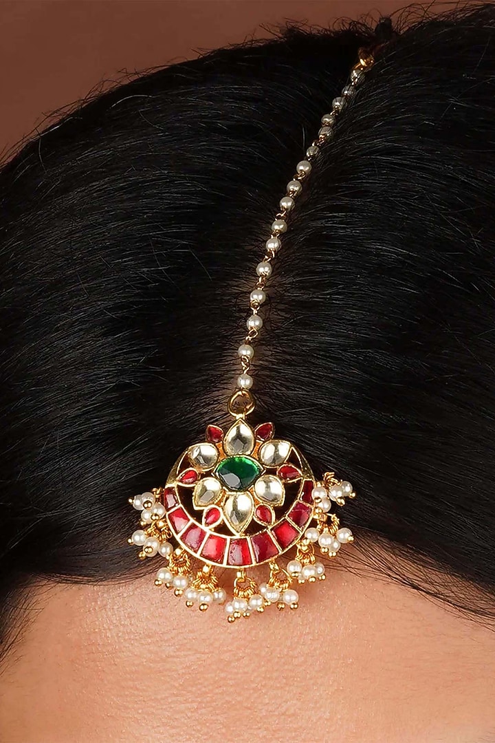 Gold Plated Uncut Polki & Beaded Jadau Maangtikka by Mortantra at Pernia's Pop Up Shop