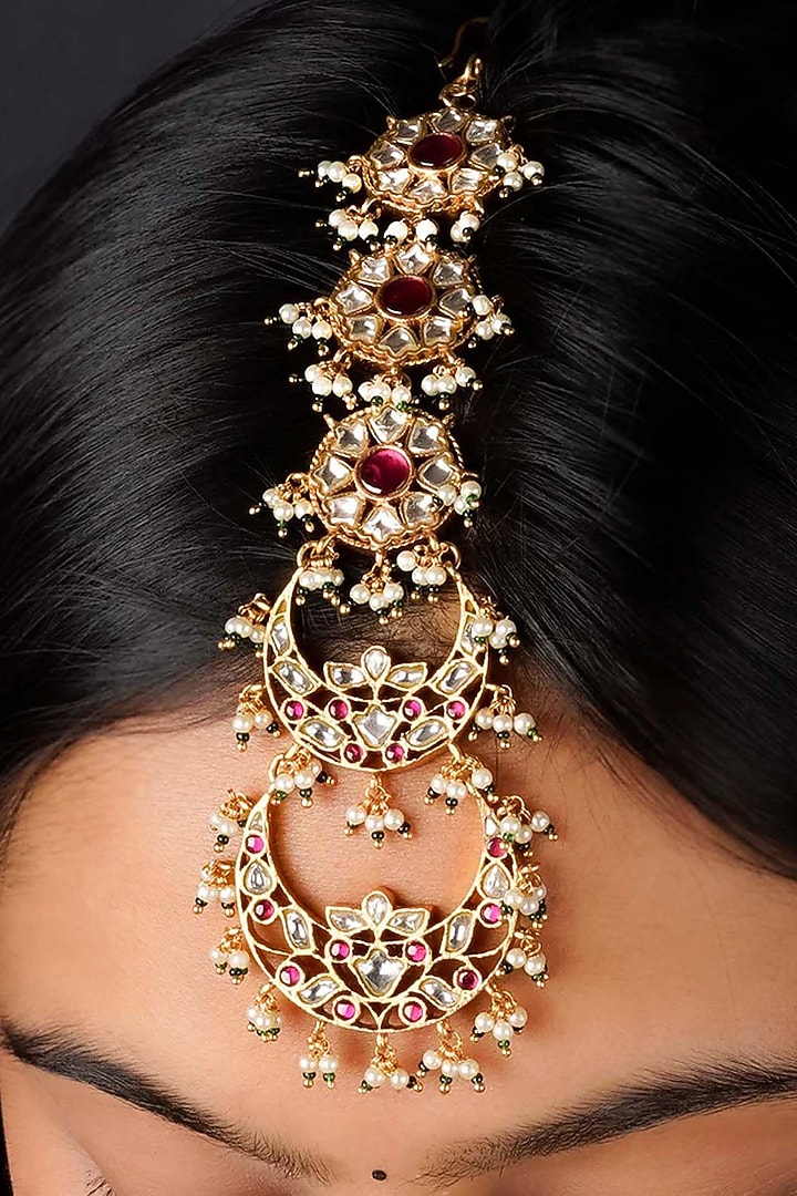 Gold Plated Uncut Polki & Beaded Jadau Maangtikka by Mortantra at Pernia's Pop Up Shop