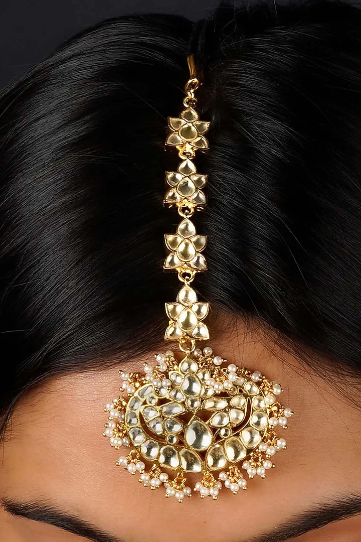 Gold Plated Uncut Polki & Beaded Jadau Maangtikka by Mortantra at Pernia's Pop Up Shop