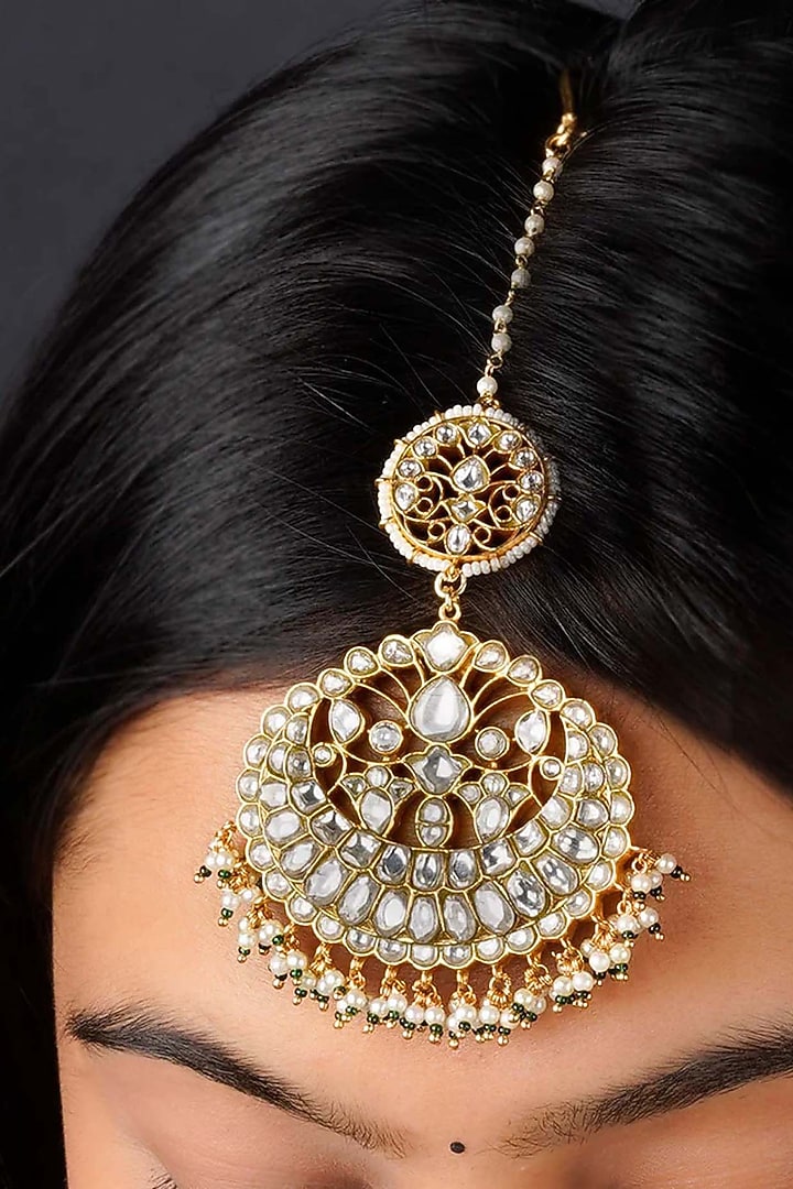 Gold Plated Uncut Polki & Beaded Jadau Maangtikka by Mortantra at Pernia's Pop Up Shop