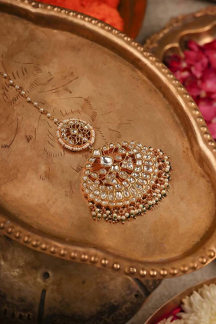 Gold Plated Uncut Polki & Beaded Jadau Maangtikka by Mortantra at Pernia's Pop Up Shop