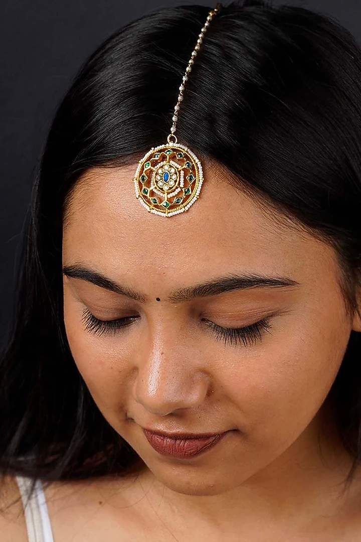 Gold Plated Uncut Polki & Beaded Jadau Maangtikka by Mortantra at Pernia's Pop Up Shop