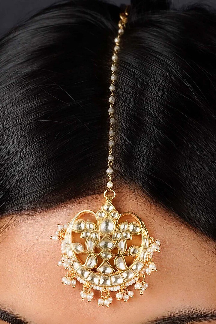 Gold Plated Uncut Polki & Beaded Jadau Maangtikka by Mortantra at Pernia's Pop Up Shop