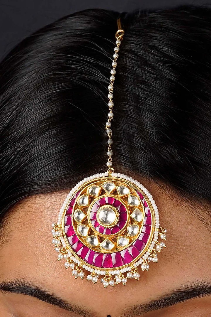 Gold Plated Uncut Polki & Beaded Jadau Maangtikka by Mortantra at Pernia's Pop Up Shop