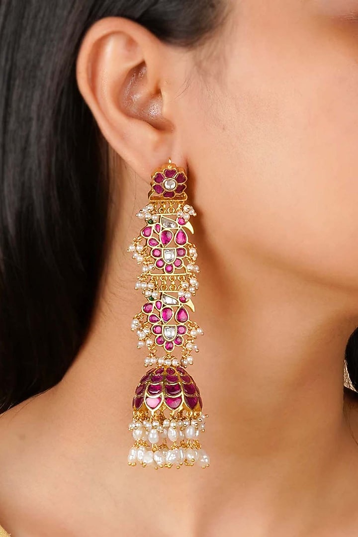 Gold Plated Uncut Polki & Beaded Jadau Dangler Earrings by Mortantra at Pernia's Pop Up Shop
