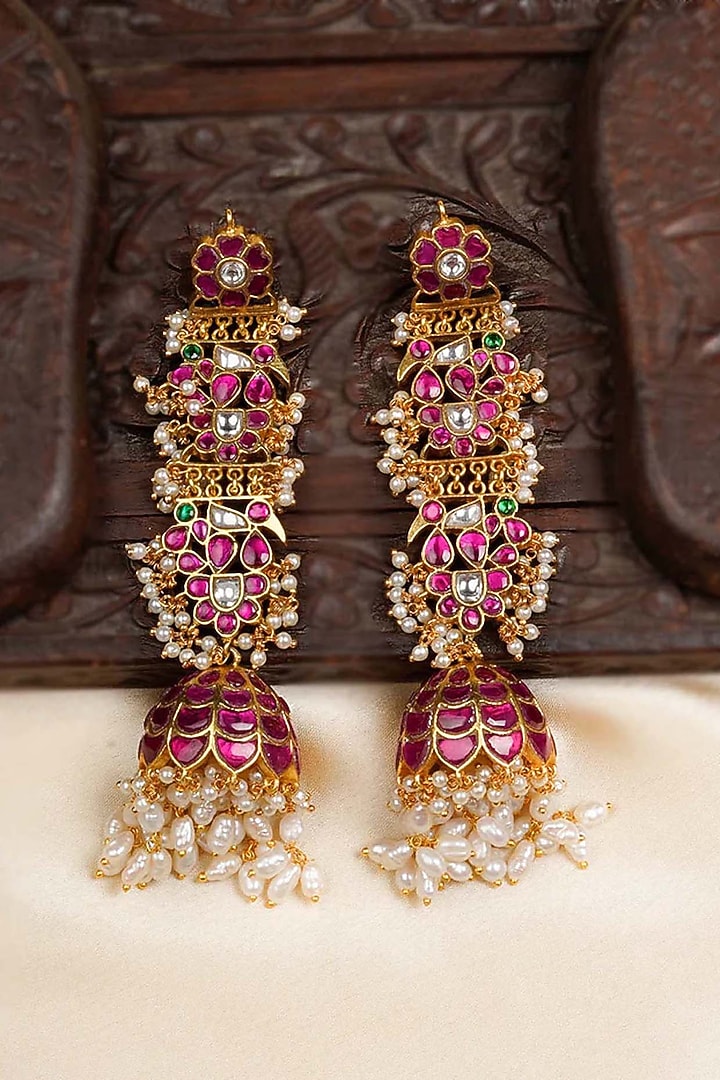 Gold Plated Uncut Polki & Beaded Jadau Dangler Earrings by Mortantra at Pernia's Pop Up Shop