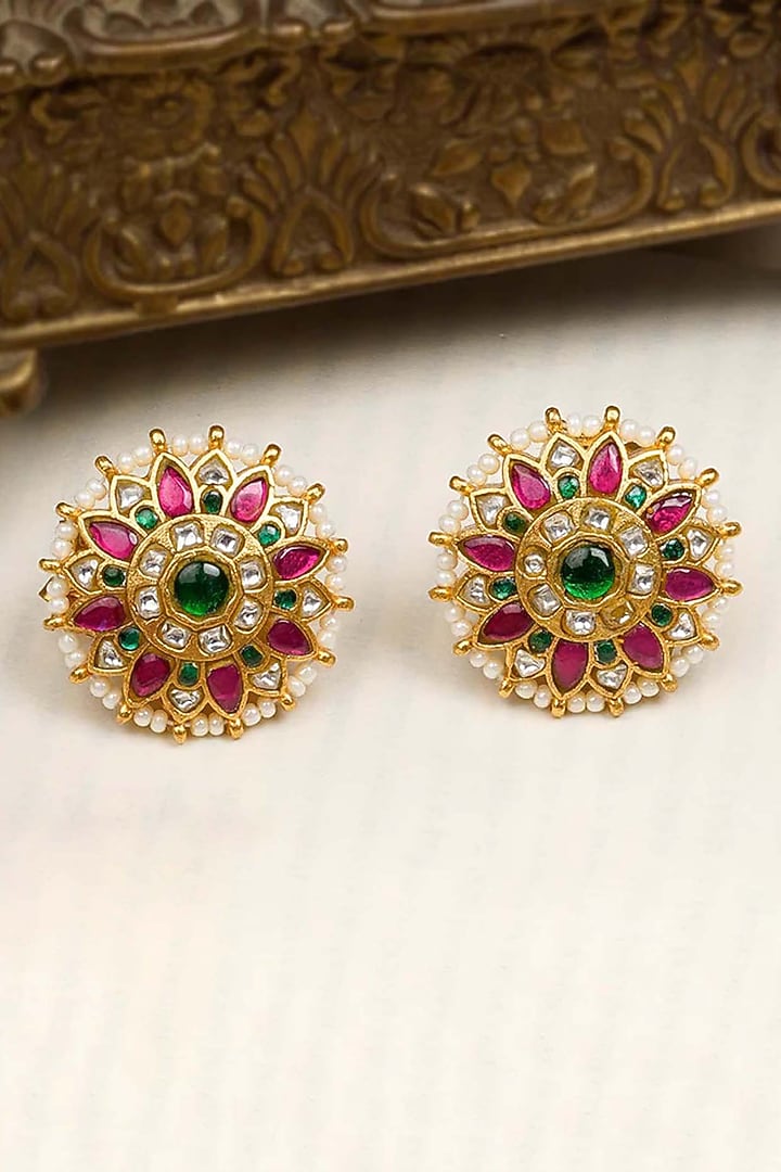 Gold Plated Uncut Polki & Beaded Jadau Stud Earrings by Mortantra at Pernia's Pop Up Shop