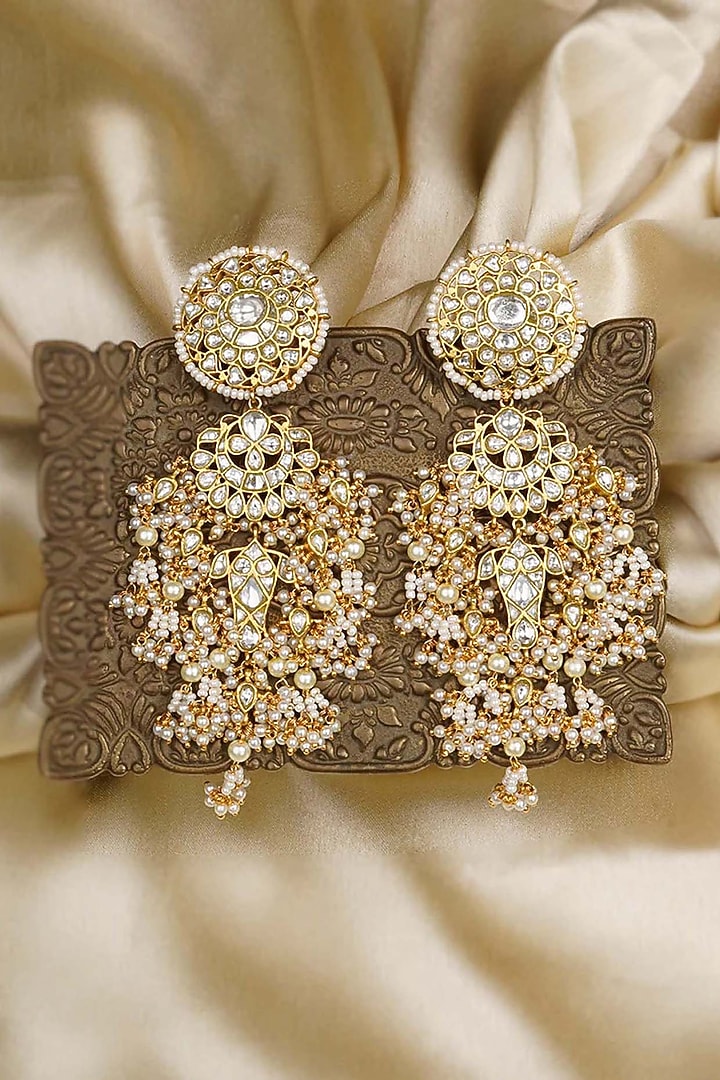 Gold Plated Uncut Polki & Beaded Jadau Dangler Earrings by Mortantra at Pernia's Pop Up Shop