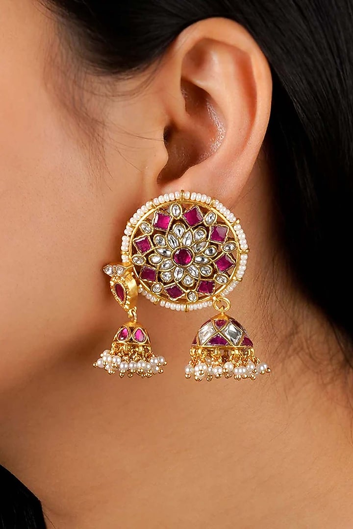 Gold Plated Uncut Polki & Beaded Jadau Dangler Earrings by Mortantra at Pernia's Pop Up Shop