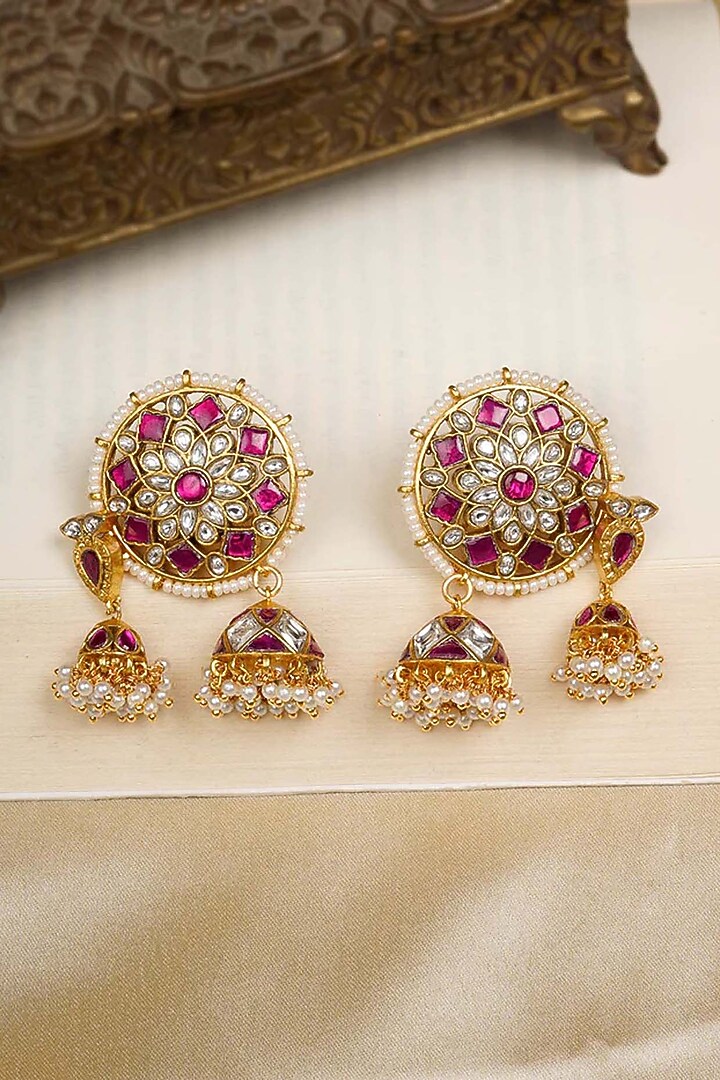 Gold Plated Uncut Polki & Beaded Jadau Dangler Earrings by Mortantra at Pernia's Pop Up Shop