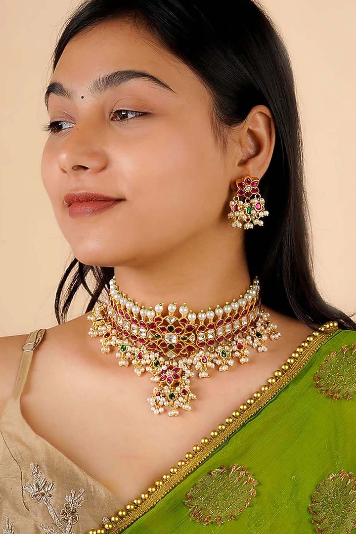 Gold Plated Uncut Polki & Beaded Jadau Choker Necklace Set by Mortantra at Pernia's Pop Up Shop