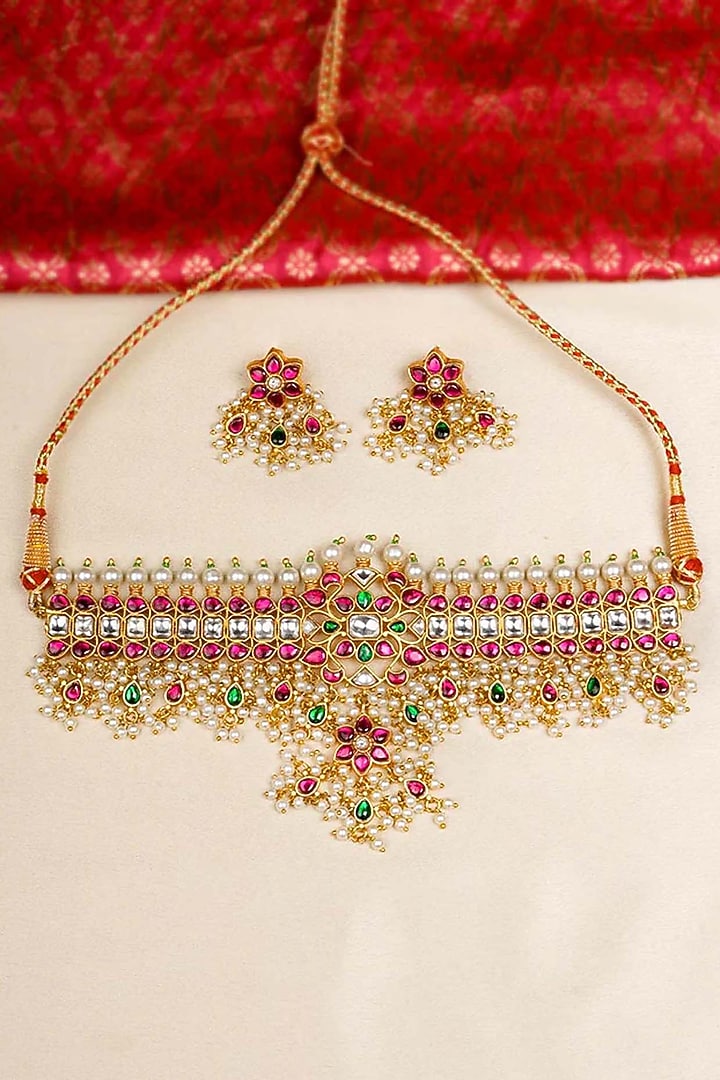 Gold Plated Uncut Polki & Beaded Jadau Choker Necklace Set by Mortantra at Pernia's Pop Up Shop