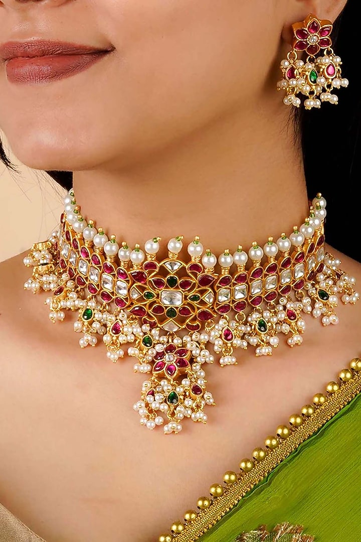 Gold Plated Uncut Polki & Beaded Jadau Choker Necklace Set by Mortantra at Pernia's Pop Up Shop