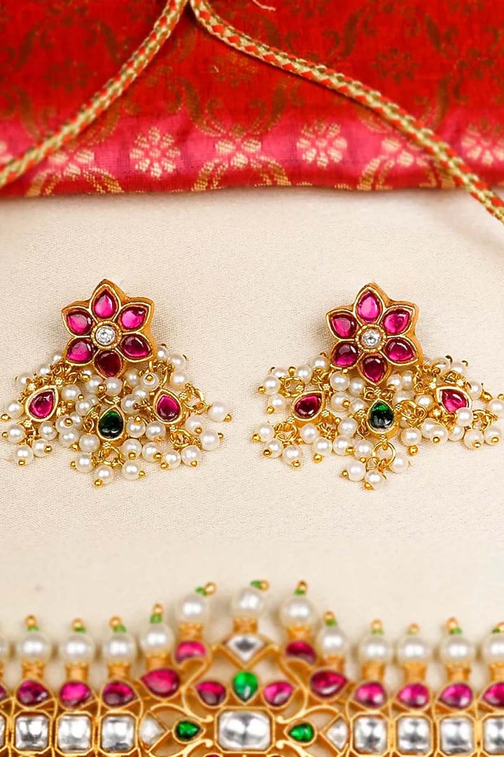 Gold Plated Uncut Polki & Beaded Jadau Choker Necklace Set by Mortantra at Pernia's Pop Up Shop