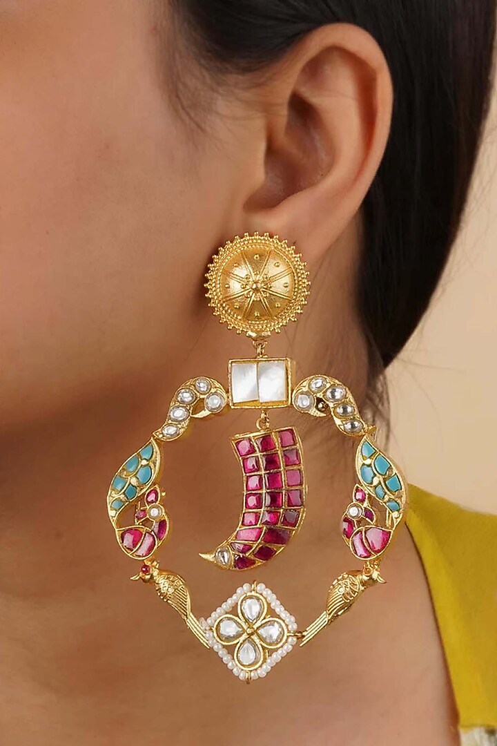 Gold Finish Jadau Kundan Polki Dangler Earrings by Mortantra at Pernia's Pop Up Shop