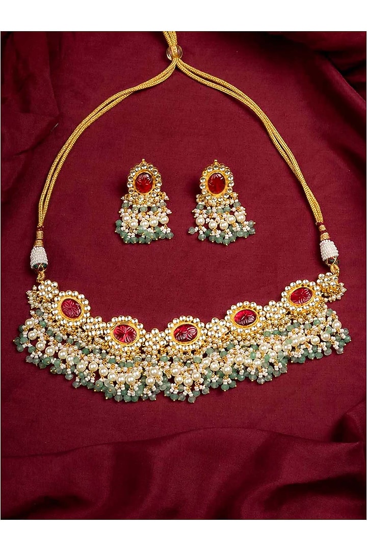 Gold Plated Uncut Polki & Beaded Jadau Choker Necklace Set by Mortantra at Pernia's Pop Up Shop