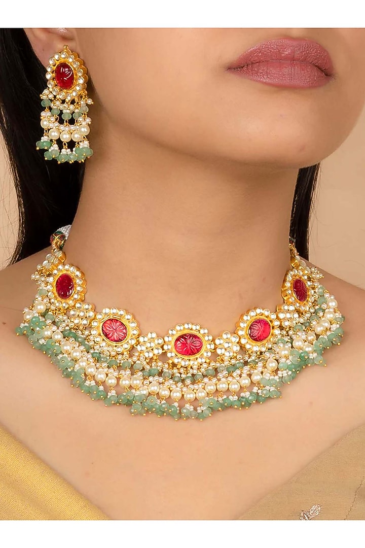 Gold Plated Uncut Polki & Beaded Jadau Choker Necklace Set by Mortantra at Pernia's Pop Up Shop