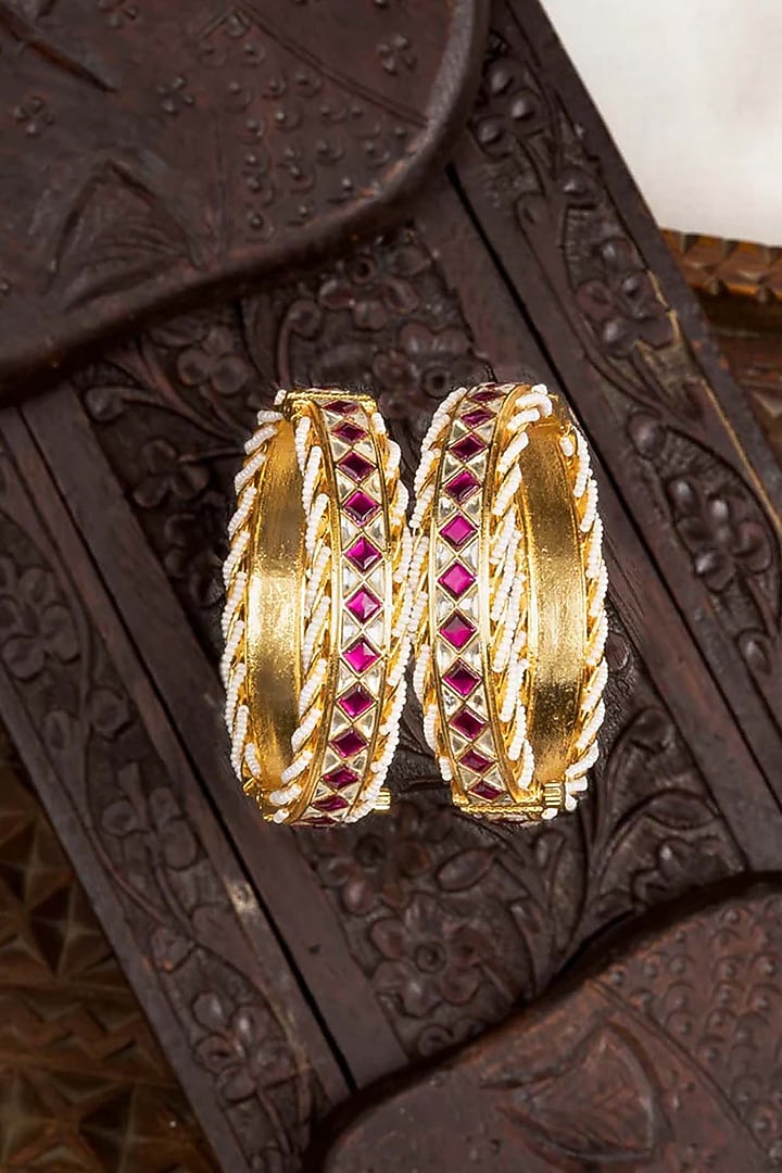 Gold Plated Uncut Polki & Beaded Jadau Bangles (Set Of 2) by Mortantra at Pernia's Pop Up Shop