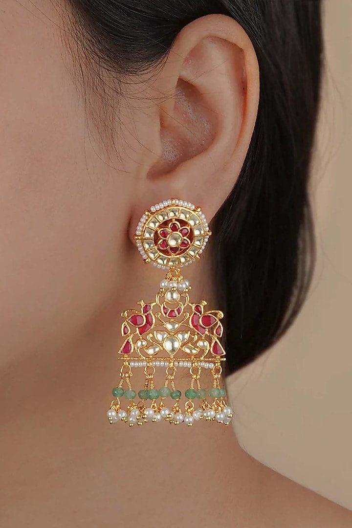Gold Plated Uncut Polki & Beaded Jadau Jhumka Earrings by Mortantra at Pernia's Pop Up Shop