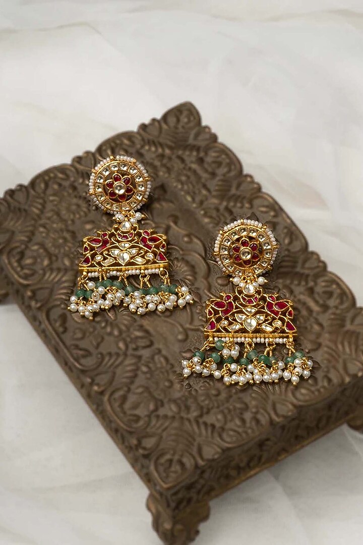 Gold Plated Uncut Polki & Beaded Jadau Jhumka Earrings by Mortantra at Pernia's Pop Up Shop
