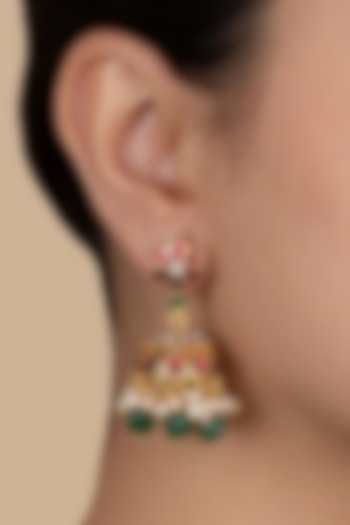 Gold Plated Uncut Polki & Beaded Jadau Jhumka Earrings by Mortantra at Pernia's Pop Up Shop