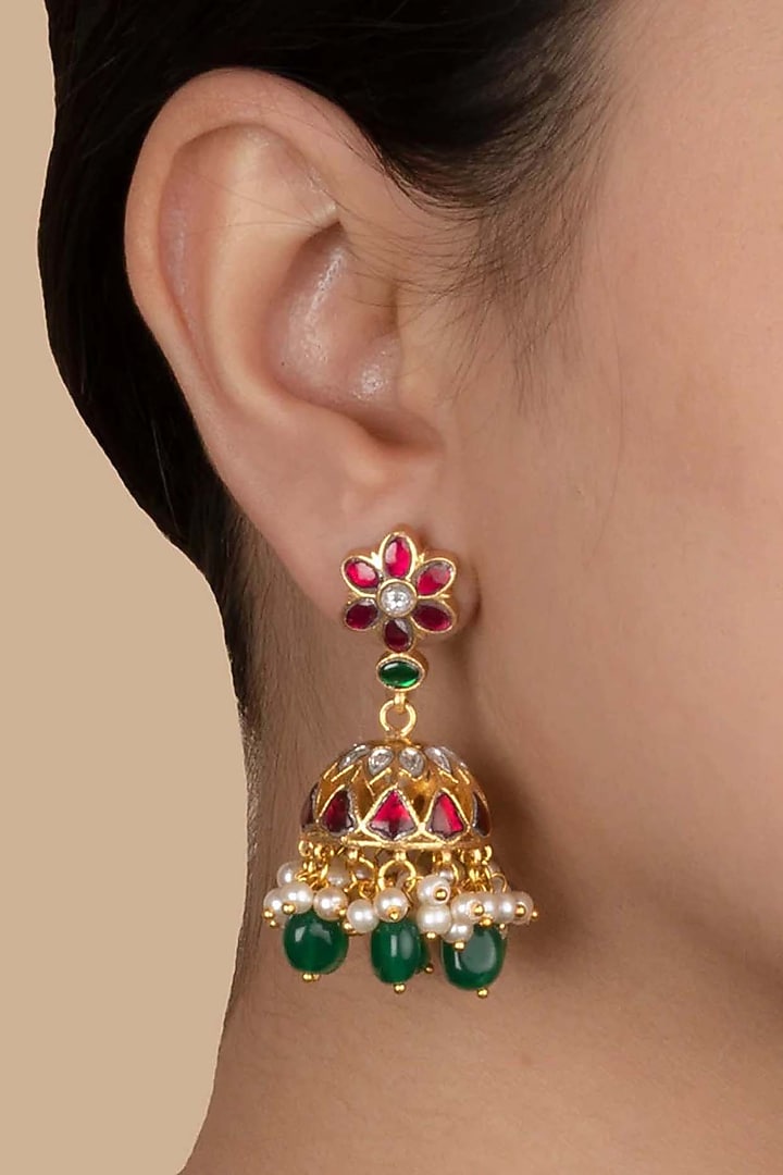 Gold Plated Uncut Polki & Beaded Jadau Jhumka Earrings by Mortantra at Pernia's Pop Up Shop