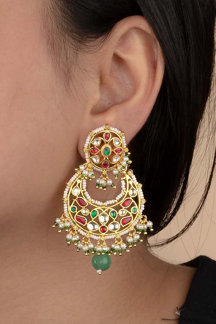 Gold Plated Uncut Polki & Beaded Jadau Chandbali Earrings by Mortantra at Pernia's Pop Up Shop