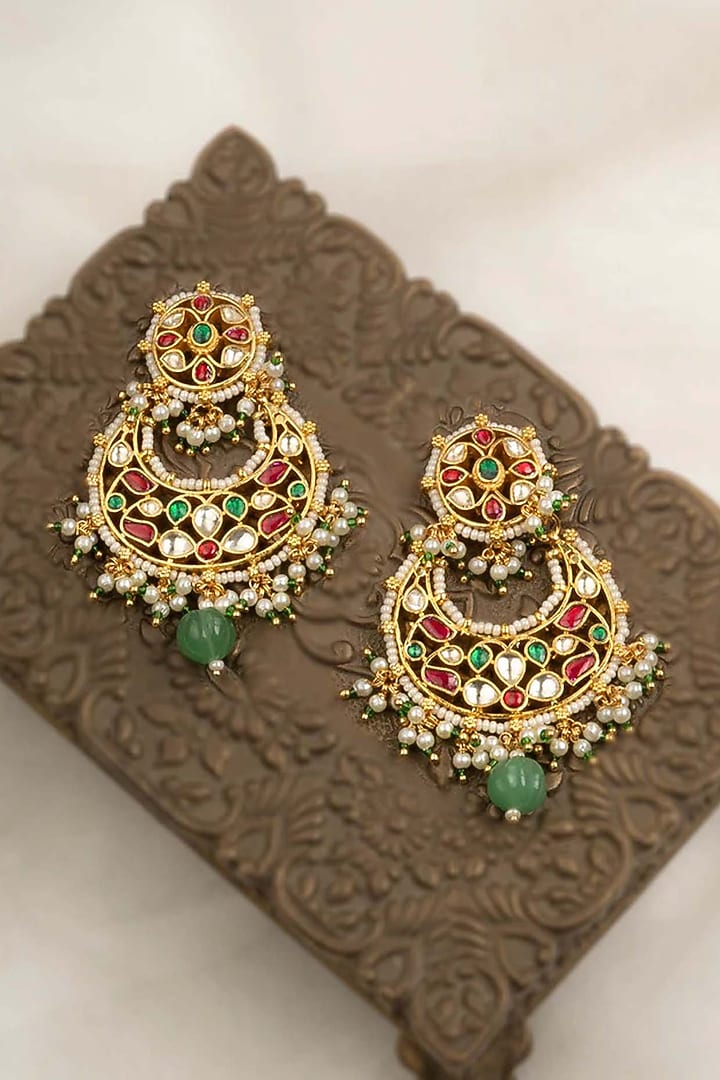 Gold Plated Uncut Polki & Beaded Jadau Chandbali Earrings by Mortantra at Pernia's Pop Up Shop