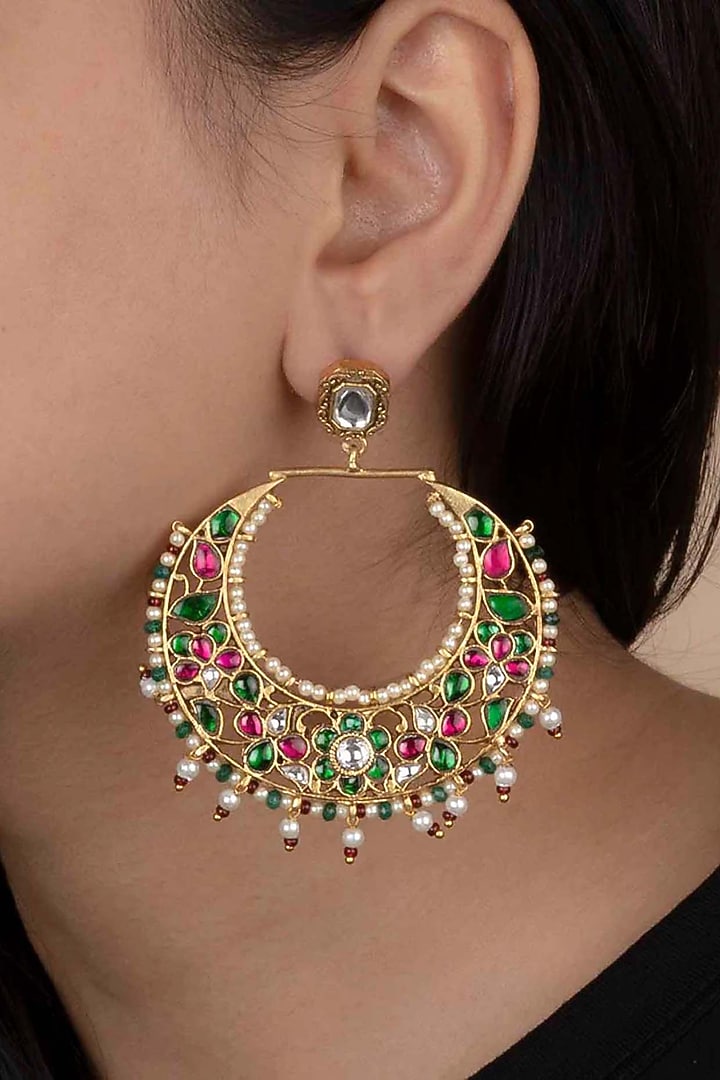 Gold Plated Uncut Polki & Beaded Jadau Chandbali Earrings by Mortantra at Pernia's Pop Up Shop