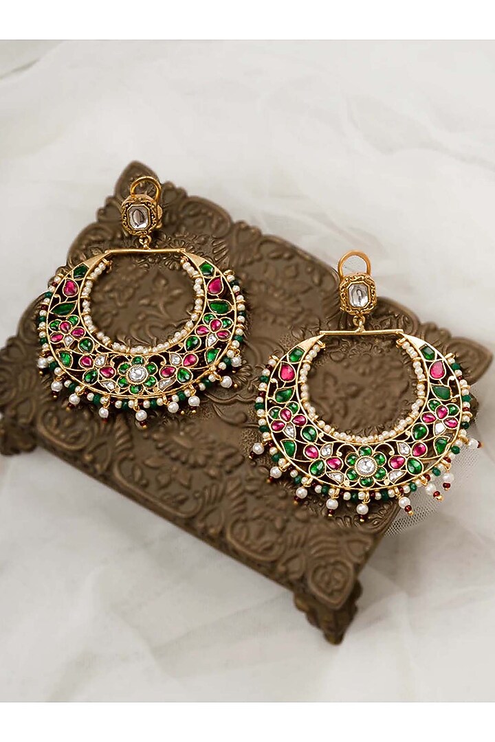 Gold Plated Uncut Polki & Beaded Jadau Chandbali Earrings by Mortantra at Pernia's Pop Up Shop
