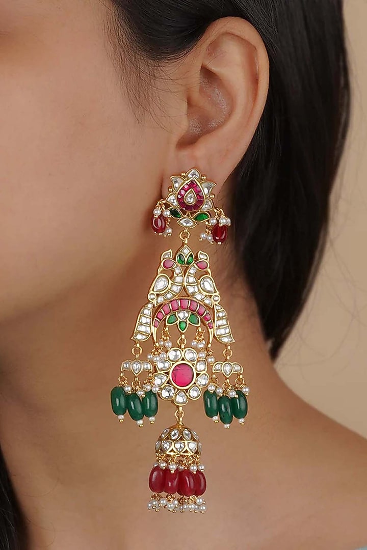 Gold Plated Uncut Polki & Beaded Jadau Dangler Earrings by Mortantra at Pernia's Pop Up Shop