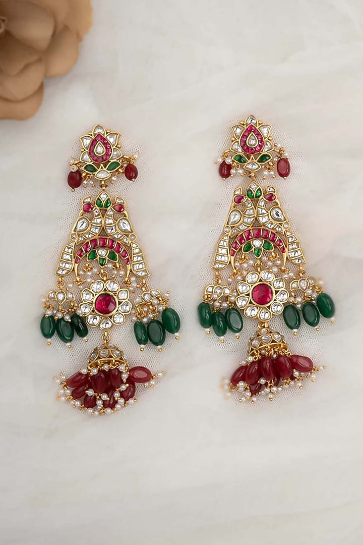 Gold Plated Uncut Polki & Beaded Jadau Dangler Earrings by Mortantra at Pernia's Pop Up Shop