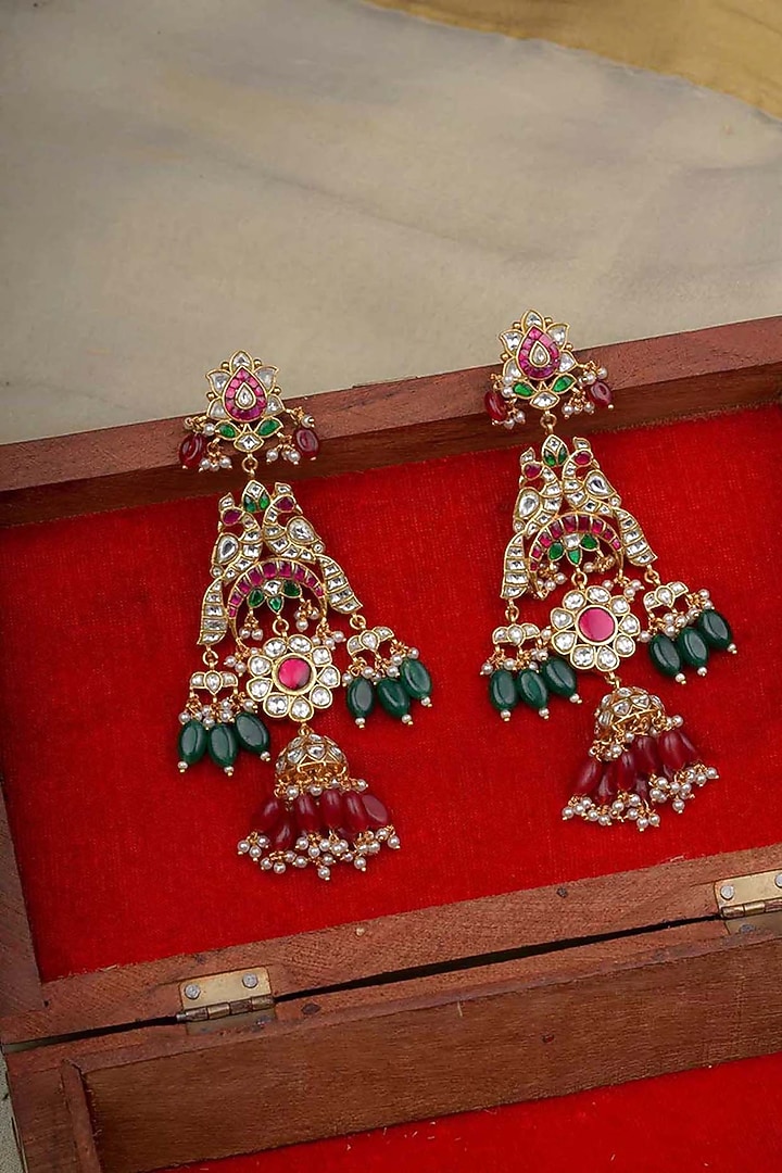 Gold Plated Uncut Polki & Beaded Jadau Dangler Earrings by Mortantra at Pernia's Pop Up Shop