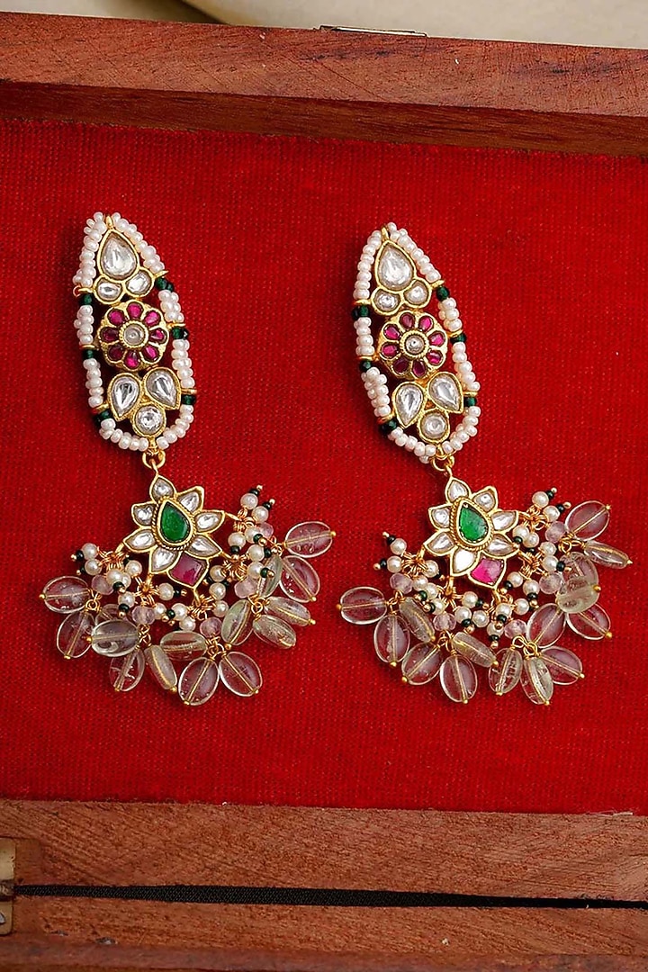 Gold Plated Uncut Polki & Beaded Jadau Dangler Earrings by Mortantra at Pernia's Pop Up Shop