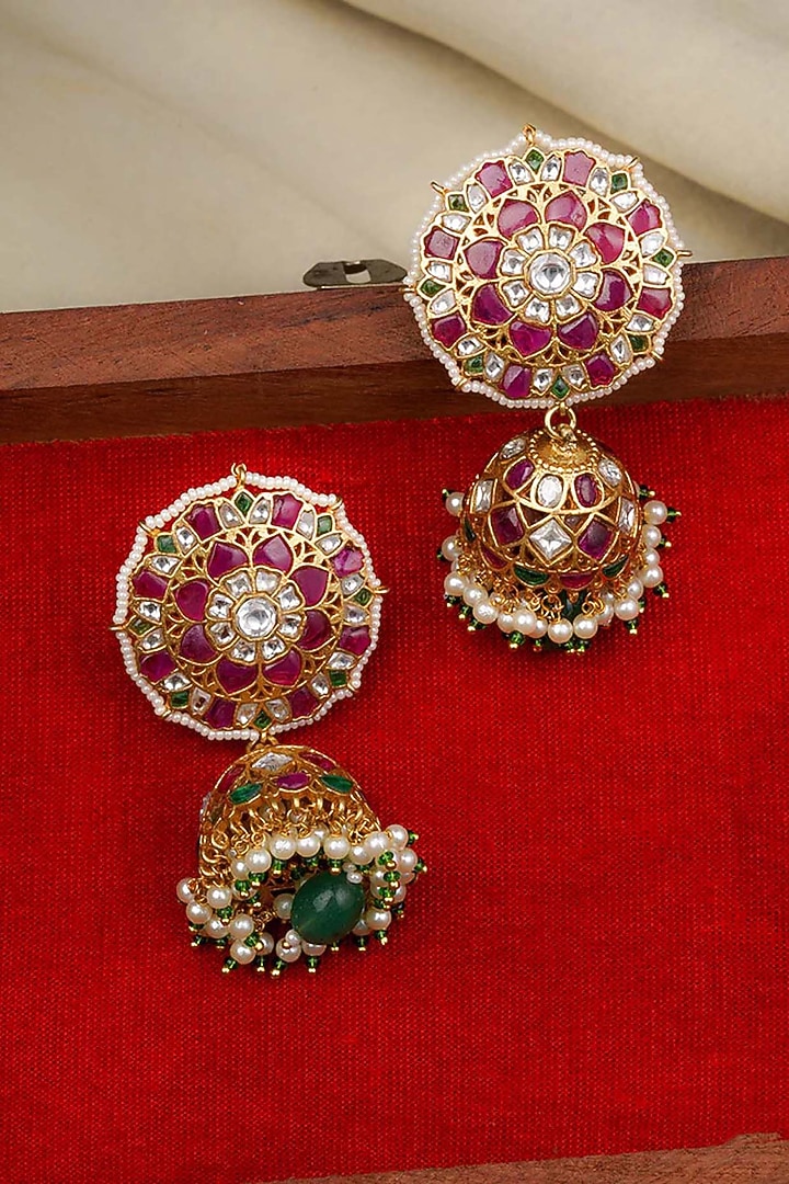 Gold Plated Uncut Polki & Beaded Jadau Dangler Earrings by Mortantra at Pernia's Pop Up Shop