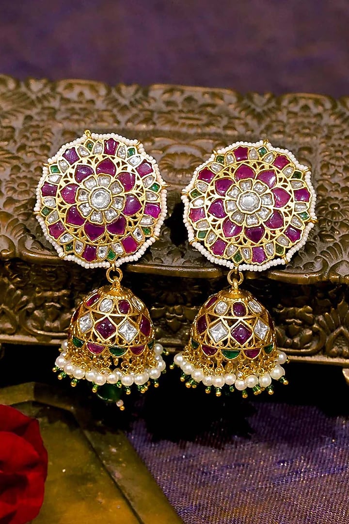 Gold Plated Uncut Polki & Beaded Jadau Dangler Earrings by Mortantra at Pernia's Pop Up Shop