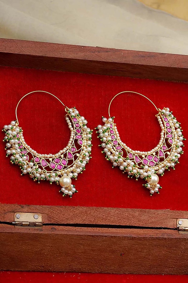 Gold Plated Uncut Polki & Beaded Jadau Hoop Earrings by Mortantra at Pernia's Pop Up Shop