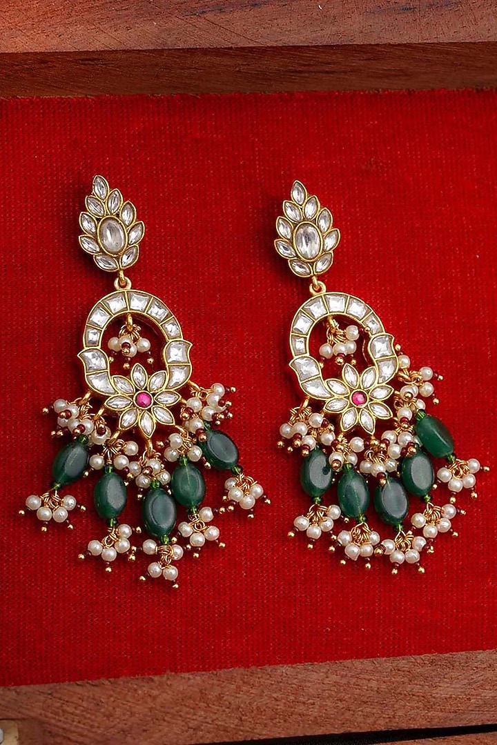 Gold Plated Uncut Polki & Beaded Jadau Dangler Earrings by Mortantra at Pernia's Pop Up Shop