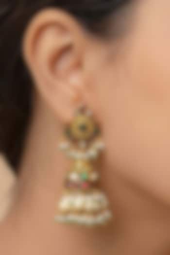 Gold Plated Uncut Polki & Beaded Jadau Jhumka Earrings by Mortantra at Pernia's Pop Up Shop