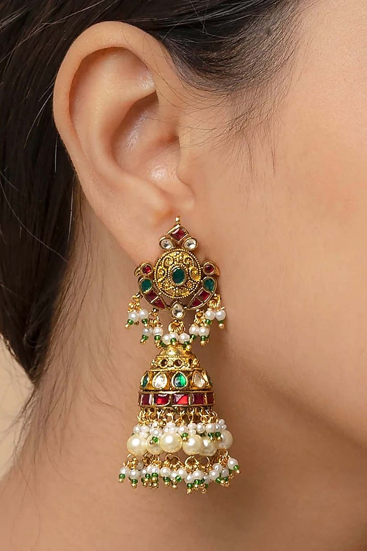 Gold Plated Uncut Polki & Beaded Jadau Jhumka Earrings by Mortantra at Pernia's Pop Up Shop