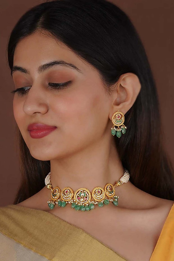 Gold Plated Uncut Polki & Beaded Jadau Choker Necklace Set by Mortantra at Pernia's Pop Up Shop