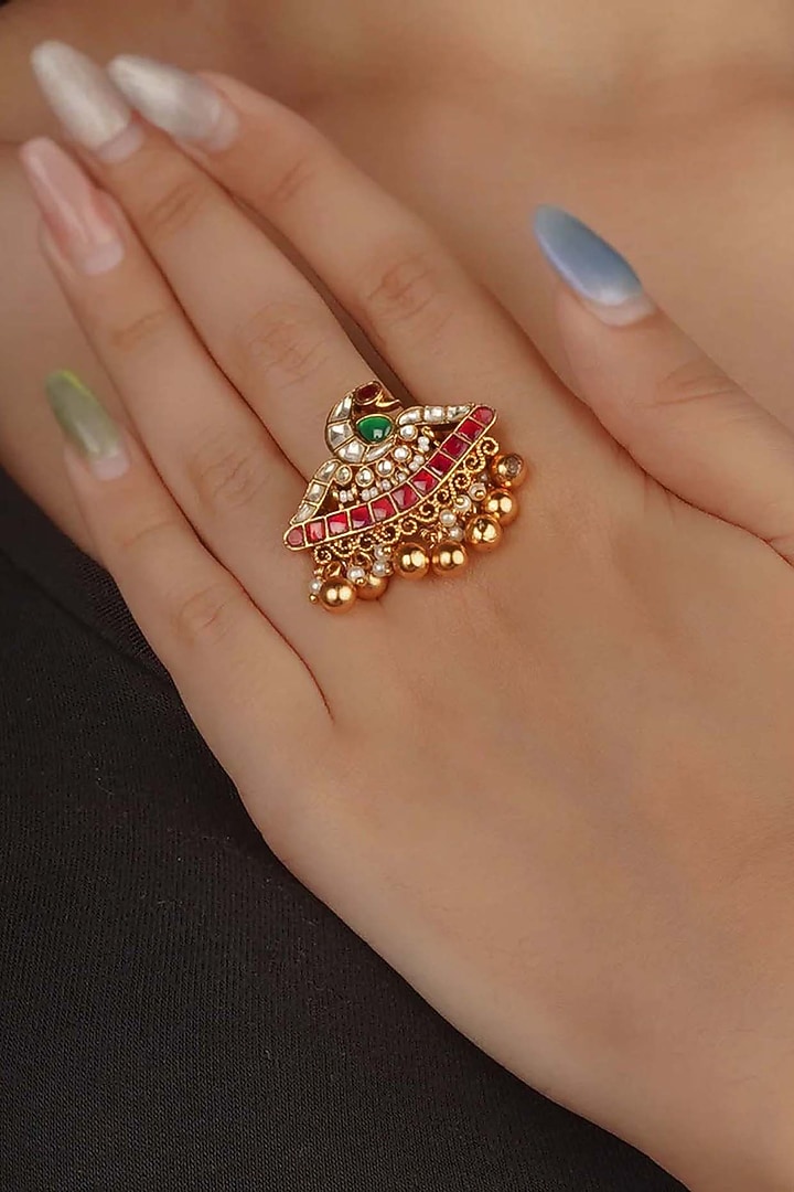 Gold Plated Uncut Polki & Beaded Jadau Ring by Mortantra at Pernia's Pop Up Shop