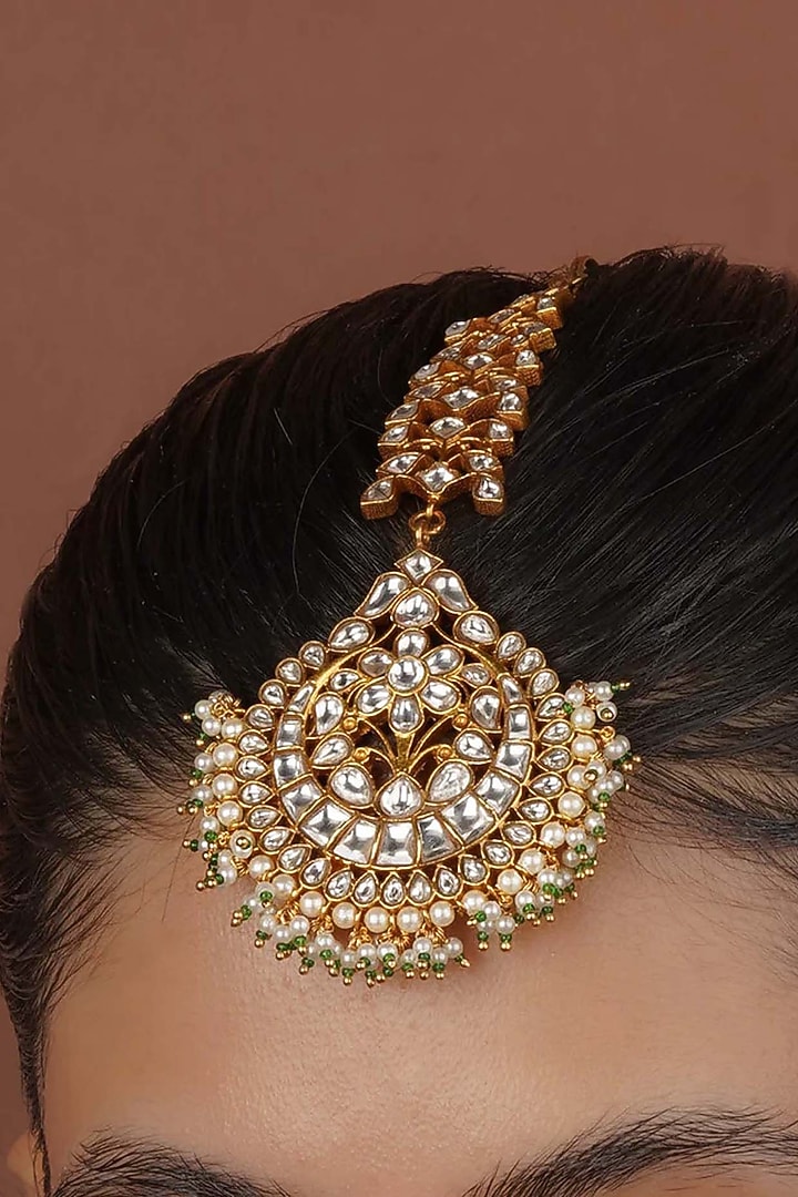 Gold Plated Uncut Polki & Beaded Jadau Maangtikka by Mortantra at Pernia's Pop Up Shop