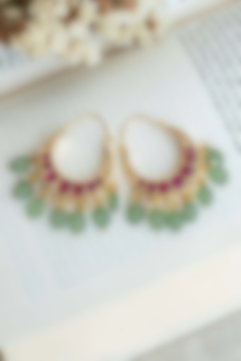 Gold Plated Uncut Polki & Beaded Jadau Hoop Earrings by Mortantra at Pernia's Pop Up Shop