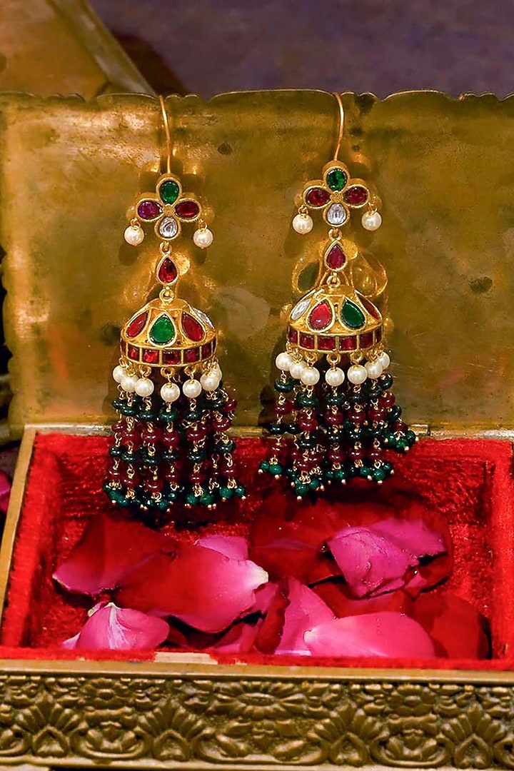 Gold Plated Uncut Polki & Beaded Jadau Dangler Earrings by Mortantra at Pernia's Pop Up Shop