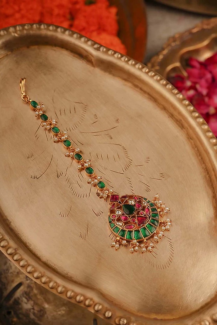 Gold Plated Uncut Polki & Beaded Jadau Maangtikka by Mortantra at Pernia's Pop Up Shop