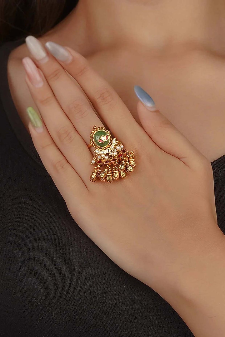 Gold Plated Uncut Polki & Beaded Jadau Ring by Mortantra at Pernia's Pop Up Shop