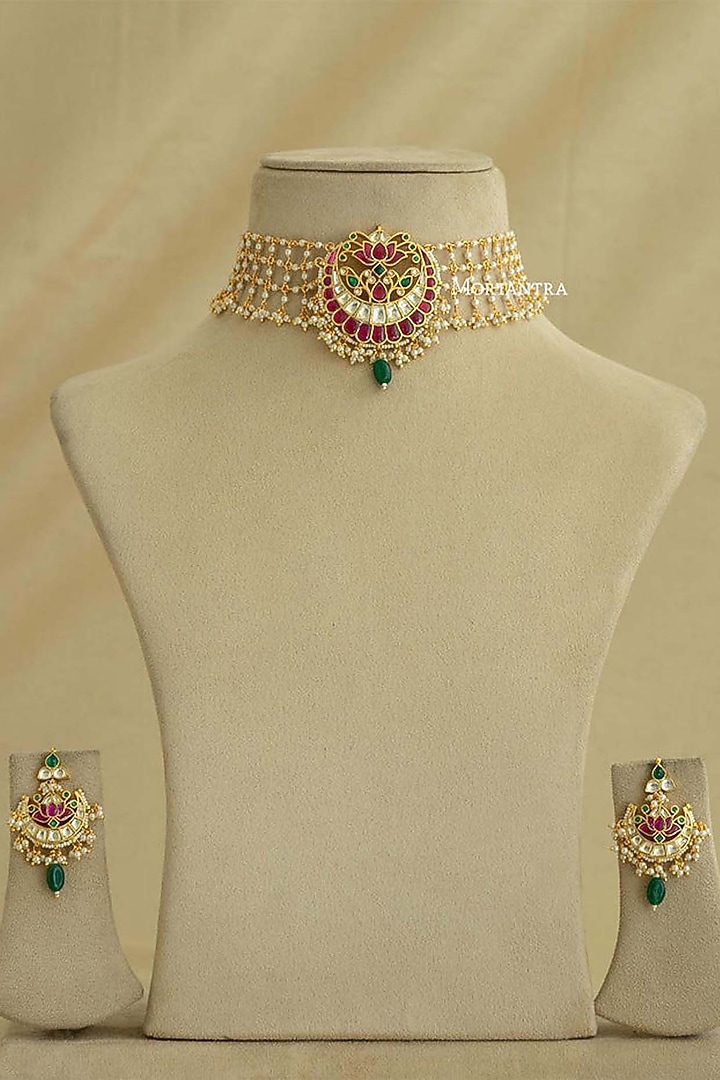 Gold Plated Uncut Polki & Beaded Jadau Choker Necklace Set by Mortantra at Pernia's Pop Up Shop