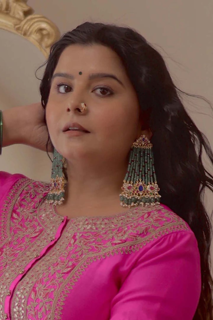 Gold Plated Uncut Polki & Beaded Jadau Dangler Earrings by Mortantra at Pernia's Pop Up Shop